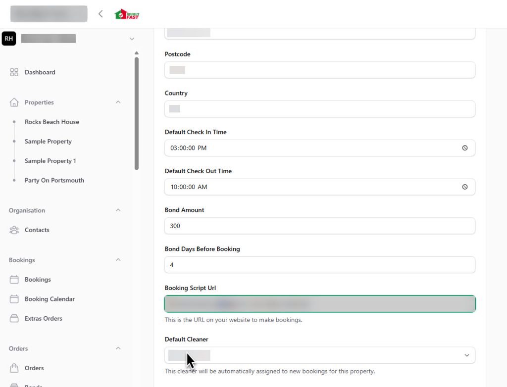 Book It Fast property settings showing the Default Cleaner dropdown